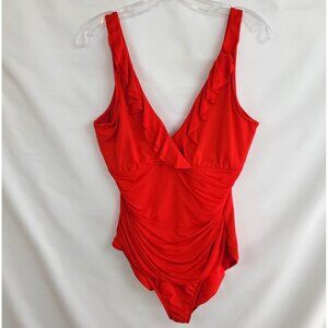 Lauren Ralph Lauren 16 XL Red Ruffle Surplice One Piece Swim Suit Underwire